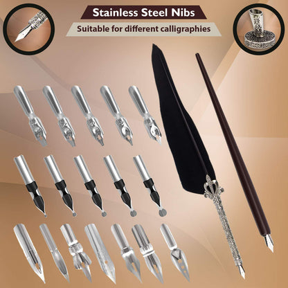 Trustela Calligraphy Set for Beginners, Wooden Dip Pen, Feather Quill, 19 Nibs, Ink Set, Gift Box