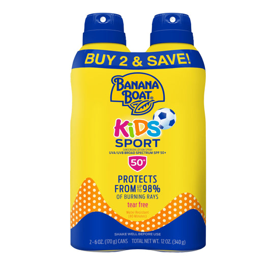 Banana Boat Sport Kids Sunscreen Spray SPF 50, Twin Pack | Spray Sunscreen for Kids, Childrens Sunblock SPF 50, Oxybenzone-Free, 6oz each