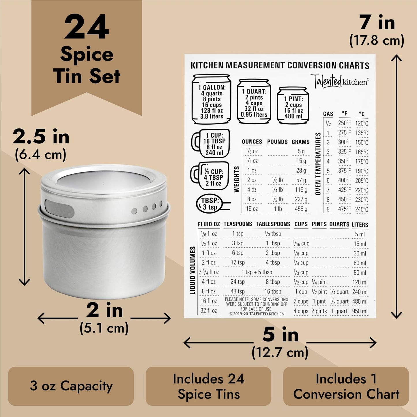 Talented Kitchen Magnetic Spice Jars for Refrigerator – 3oz Metal Magnetic Spice Tins w/Sift & Pour Lids (24 Jars, 269 Preprinted Labels, 2 Blank Label Designs)