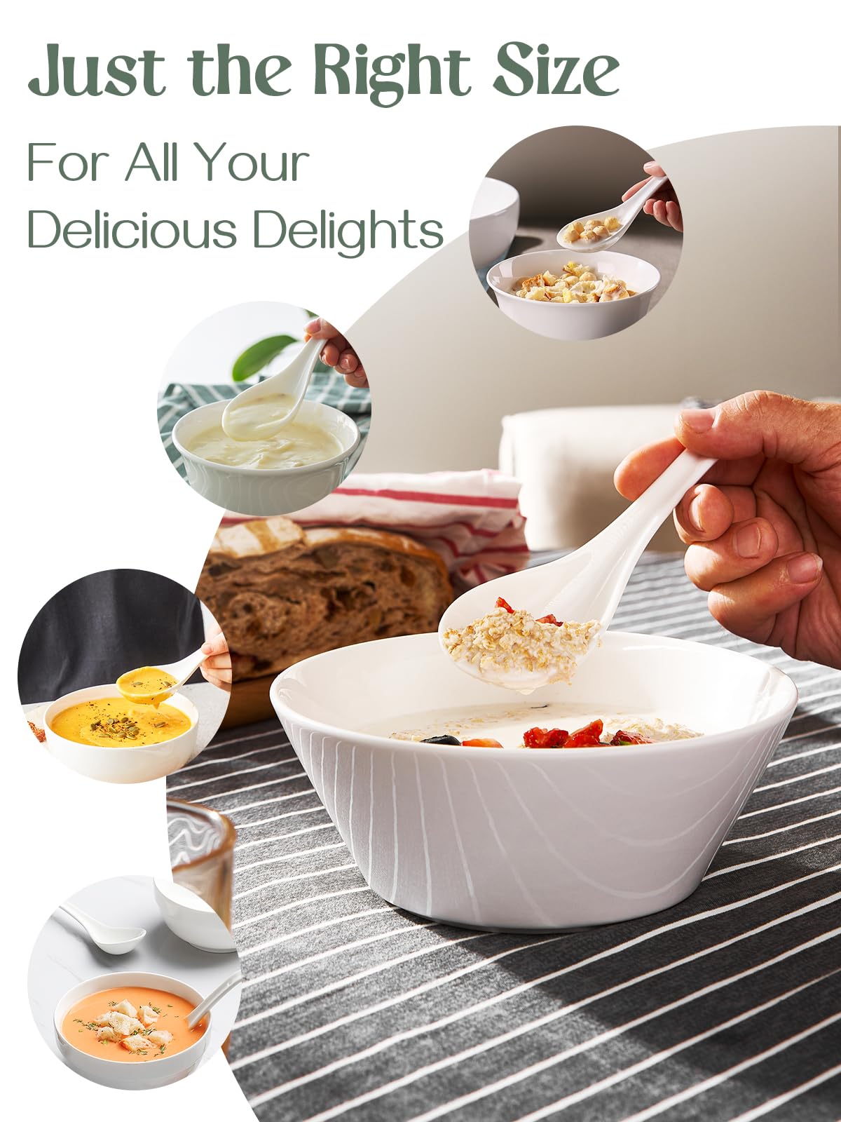 DOWAN Soup Spoons, Ceramic Asian Soup Spoons, White Japanese Spoon Large for Ramen Pho Wonton Dumpling Miso, Deep Oval Hook Design, Set of 4 (4, White)