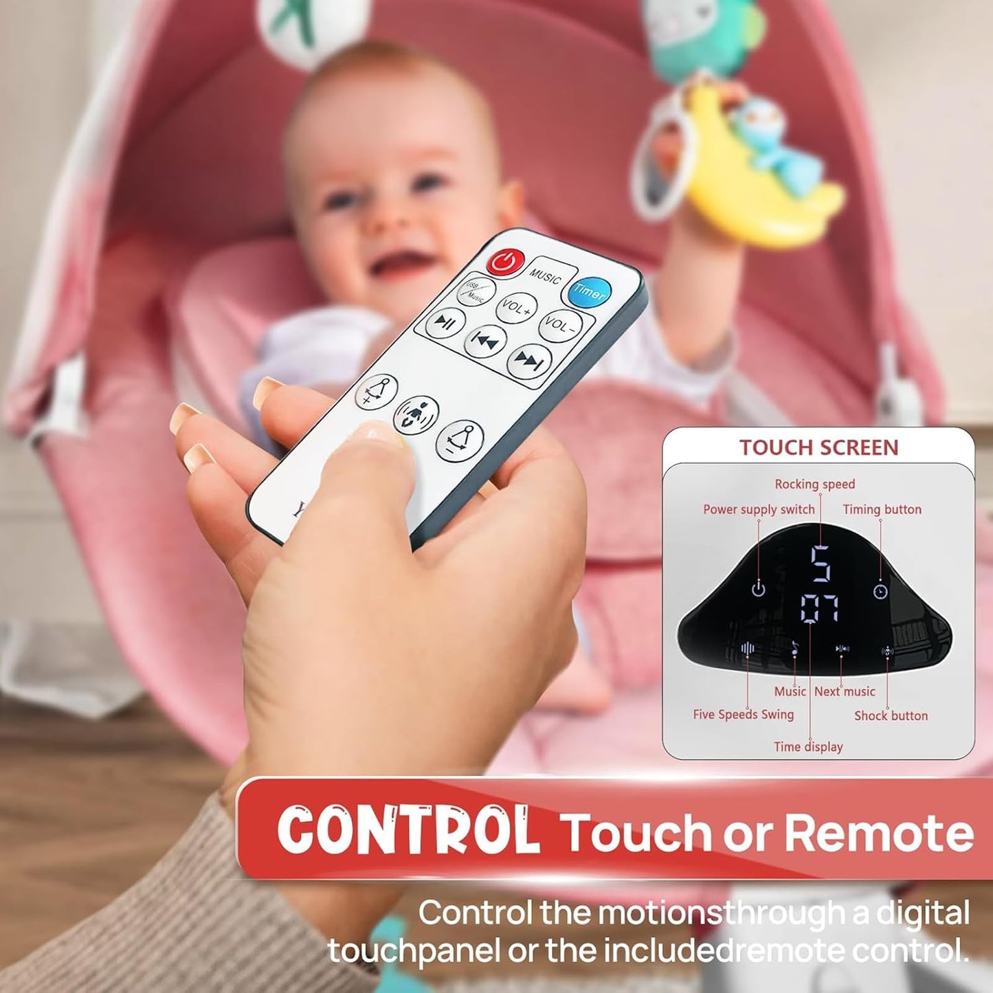 Electric Baby Swing for Infants to Toddler| Portable Infant Swing with Remote Control, Swing with 5 Speeds, 3-Point Harness for Baby Boy Girl (Pink)