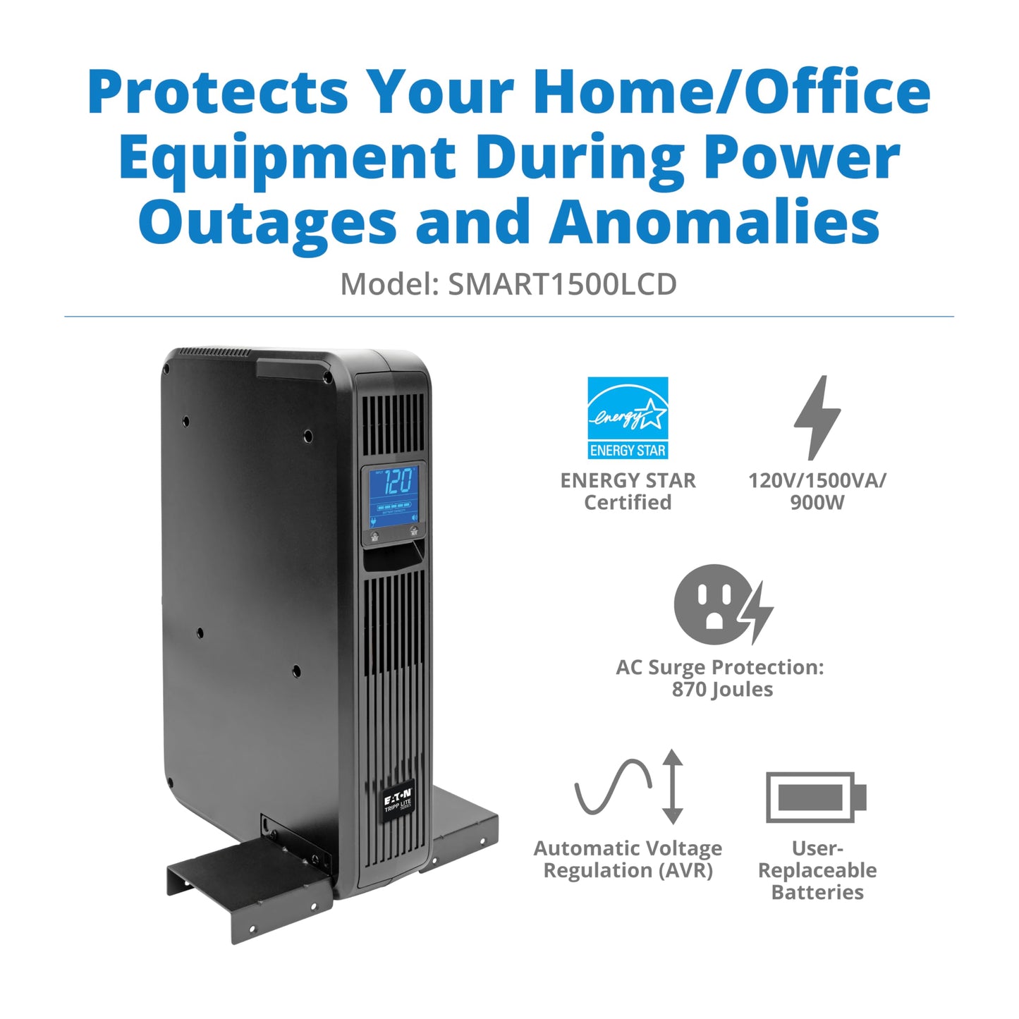 Tripp Lite SMART1500LCD 1500VA Rack Mount UPS Battery Backup, 900W, 8 Outlets, PWM Sine Wave, Short Depth 2U Rackmount UPS, AVR, LCD Screen