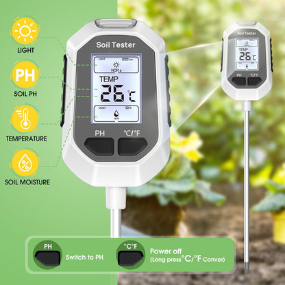 YAMRON 4-in-1 Soil Moisture Meter Digital Plant Temperature/Soil Moisture/PH Meter/Sunlight Intensity Backlight LCD Display Soil Test Meter for Gardening, Farming and Outdoor Plants