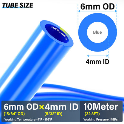 TAILONZ PNEUMATIC Blue 6mm OD 4mm ID Polyurethane PU Air Hose Pipe Tube Kit 10 Meter 32.8ft