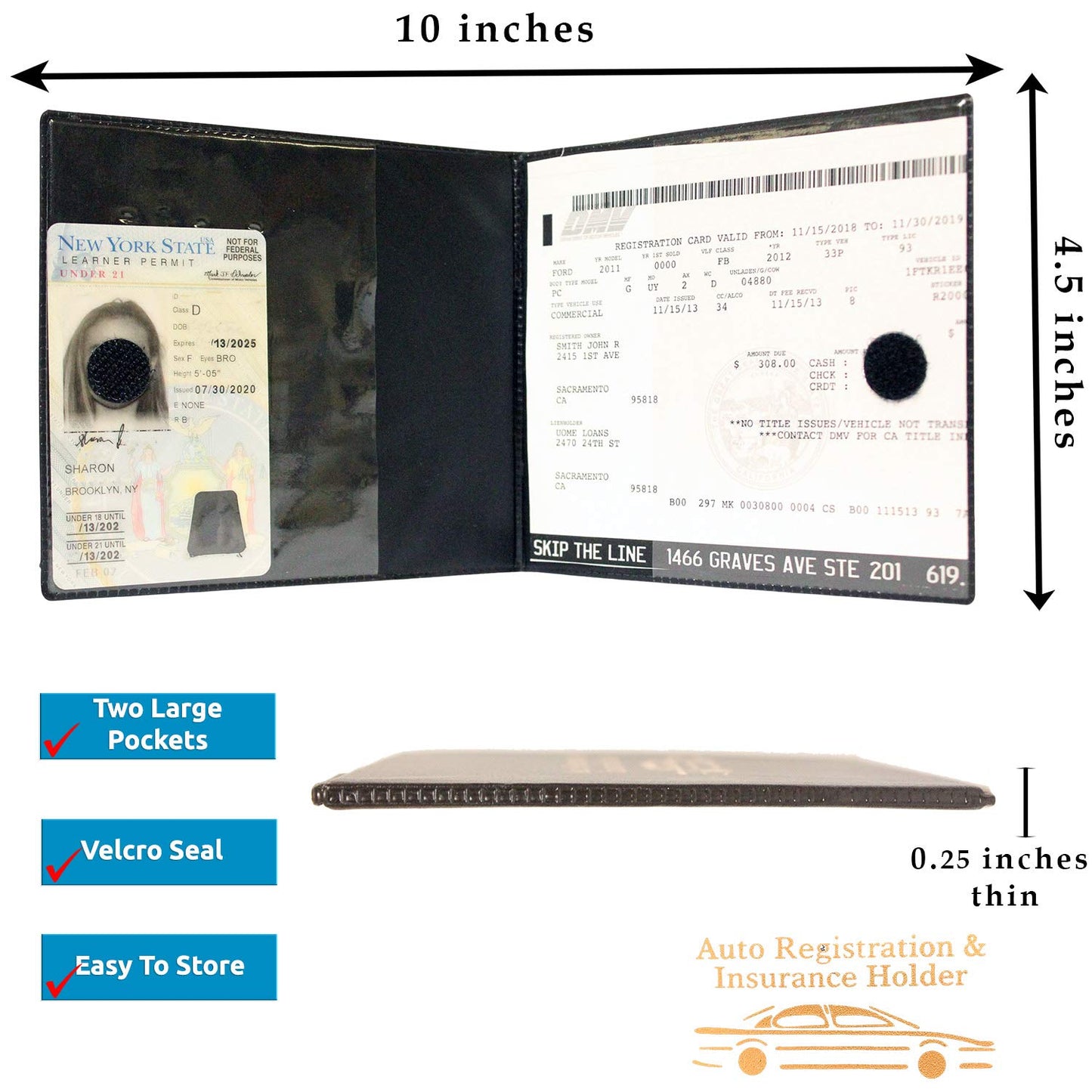 W4W, Auto Registration Insurance & ID Card Holder - 4 PACK - Perfect for any Car, Truck, Motorcycle, Trailer or Boat - Strong Velcro Closure, Men & Women