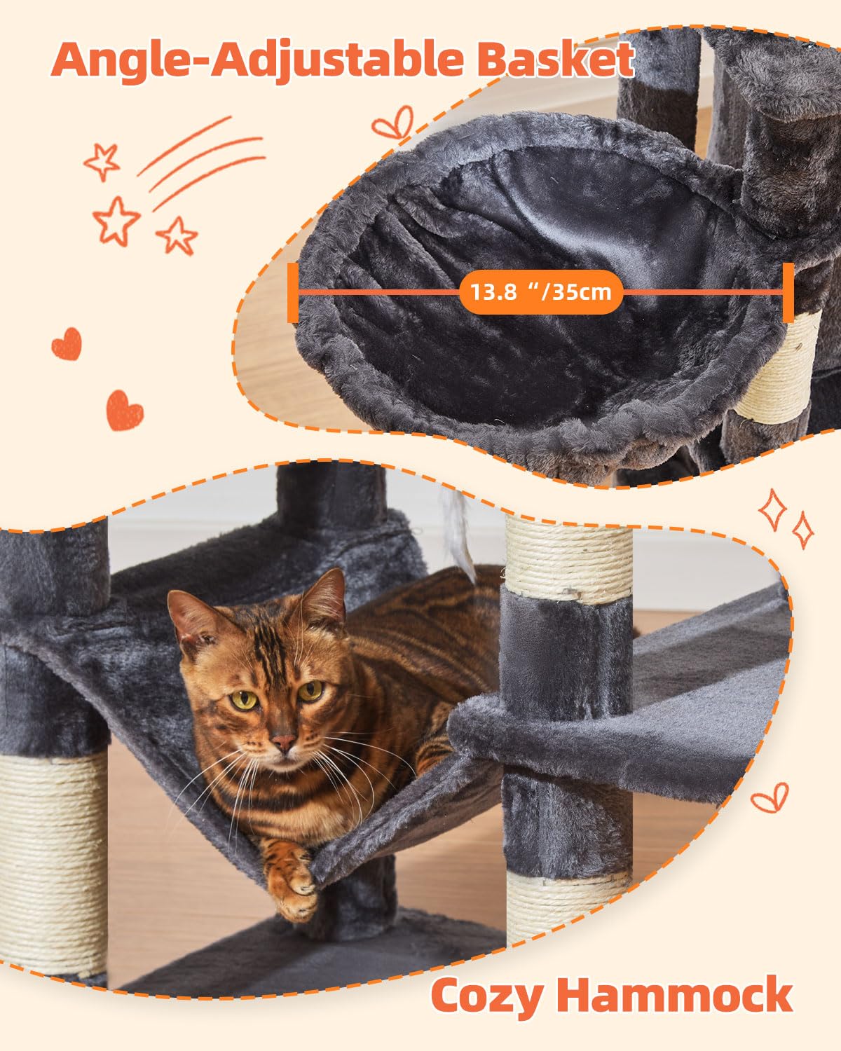 Taoqimiao Cat Tree, 66.2-Inch Cat Tower for Indoor Cats, Plush Multi-Level Cat Condo with 7 Scratching Posts, 2 Perches, 2 Caves, Hammock, 2 Pompoms, Smoky Gray MS013G