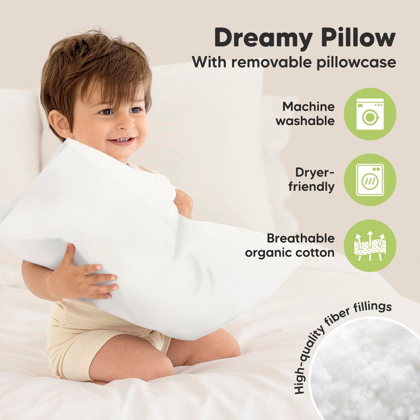Toddler Pillow with Pillowcase - 13x18 My Little Dreamy Kids Travel Bed Pillows for Sleeping, Organic Cotton Small Pillowcase, Soft & Breathable, Machine Washable, Toddlers 2-5 Years Old (Soft White)
