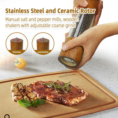 Premium Acrylic Salt and Pepper Grinder Set, Manual Salt and Pepper Mills- Wooden Shakers with Adjustable Ceramic Core-Salt Grinder and Pepper Mill -8 Inches-Pack of 2
