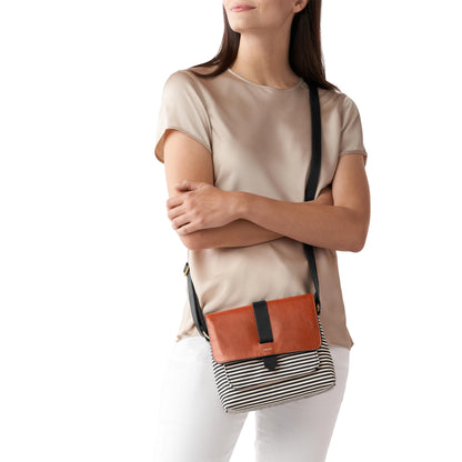 Fossil Women's Kinley Leather & Fabric Small Crossbody Purse Handbag, Black Stripe (Model: ZB7226080)