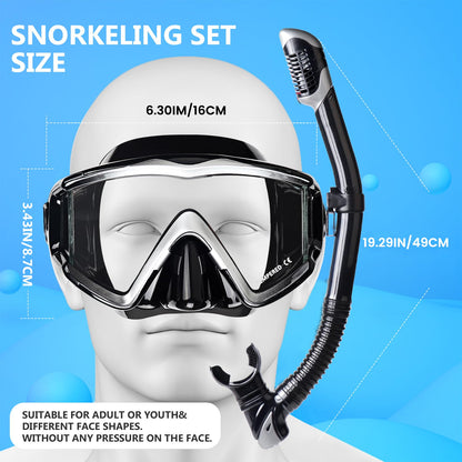 Snorkel Set Pano 3 Adult Snorkeling Gear, Professional Anti-Fog Snorkel Mask Dry Top Snorkel, Tempered Glass Scuba Diving Mask for Freediving, Snorkeling and Swimming(Black Set)