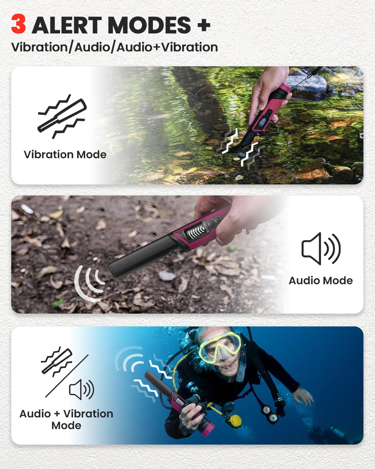 DR.ÖTEK Metal Detector Pinpointer for Adults & Kids, IP68 Fully Waterproof underwater metal detector wand Handheld Pin Pointer with LCD Screen & LED Light, 360°High Sensitivity Accuracy Detection, Red