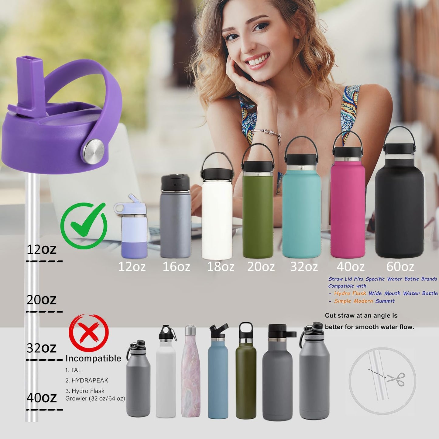 Straw Lid for Hydro Flask Wide Mouth, Lid with Flexible Handle and Straws, Replacement Sports Cap for Hydroflask 32 40 oz