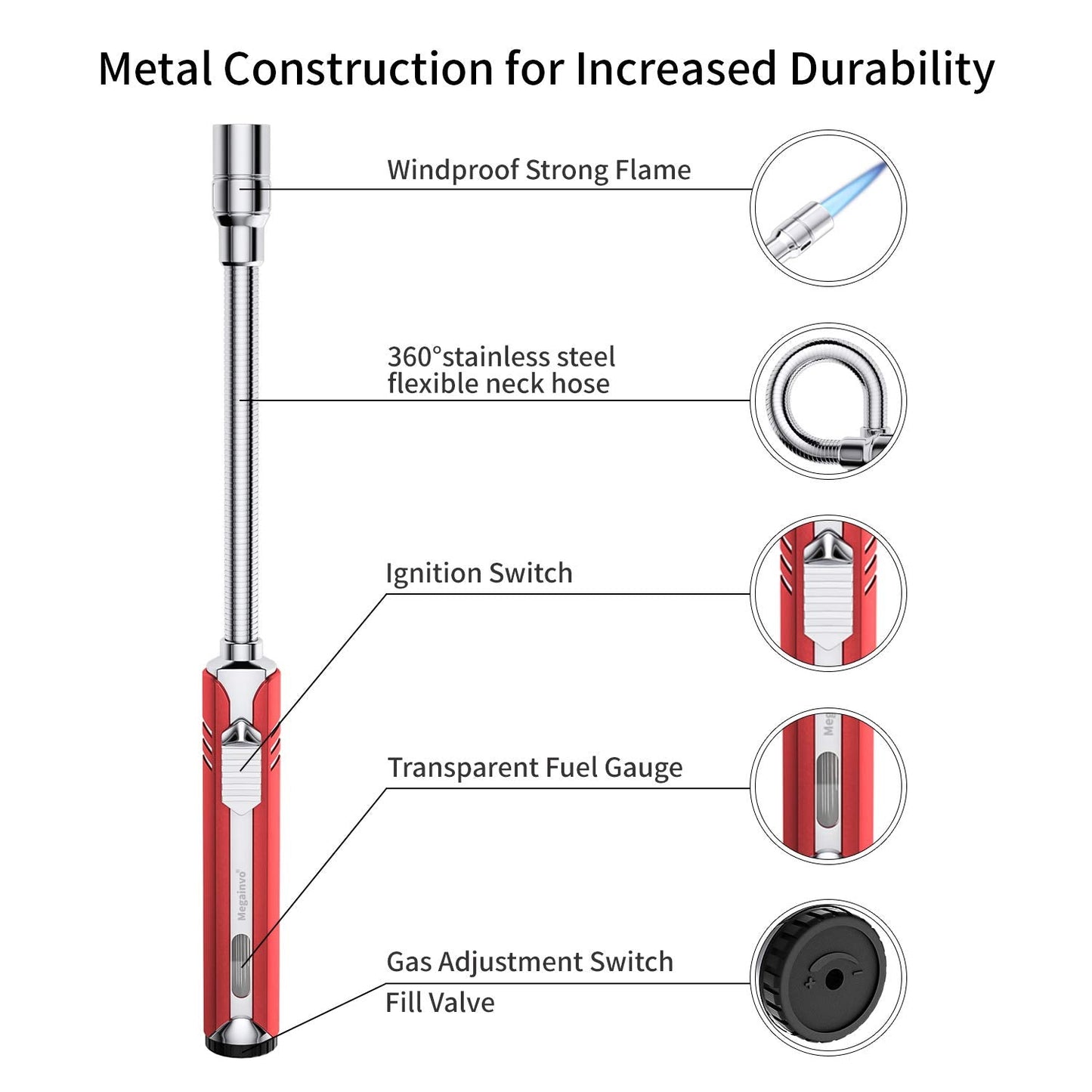 Butane Lighter Torch Long Lighter Refillable Adjustable Jet Flame Lighter Windproof Flexible with Visual Fuel Window Blow Torch for Stove BBQ Grill Fireplace Camping Kitchen (No Gas Include) - Red