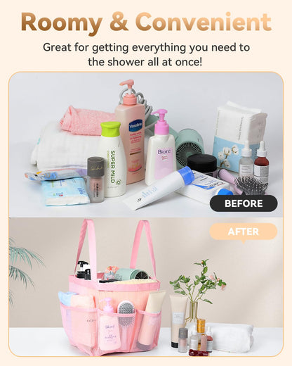 Temede Mesh Shower Caddy Tote, Large Shower Caddy Basket Portable, Quick Dry Hanging Toiletry Bag, 8 Storage Pocket Bath Organizer for College Dorm, Gym, Camp, Travel (Pink)