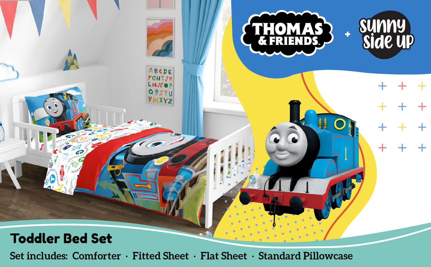 Sunny Side Up Mattel Thomas & Friends Toddler Comforter Set - 4 Piece Preschool Bedding Includes Comforter, Sheets & Pillow Cover - Super Soft Trains Microfiber Bed Set
