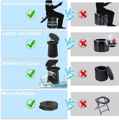 XXL 19.7"H Adjustable Foldable Portable Camping Toilet, Luggable Loo with Lid, Strap,Toilet Bag for Camping, Hiking, Travel and Car