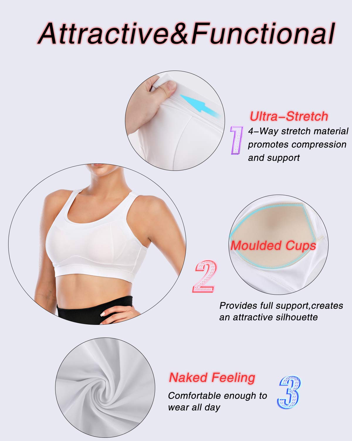 RUNNING GIRL High Impact Sports Bras for Women,Racerback White Bra Workout Crop Tank Tops Longline Sports Bra Push up(WX2667 White,L)