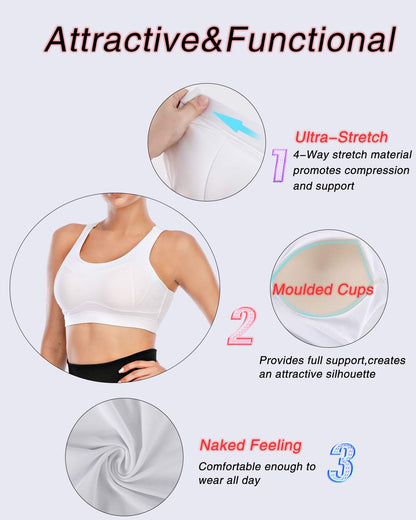 RUNNING GIRL High Impact Sports Bras for Women,Racerback White Bra Workout Crop Tank Tops Longline Sports Bra Push up(WX2667 White,L)