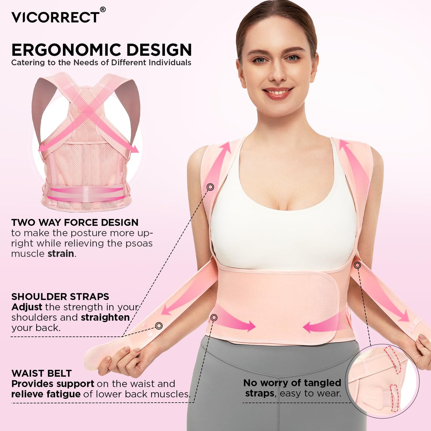 Vicorrect Posture Corrector for Women and Men: Back Support Brace Upper Back Shoulders Pain Relif (Pink, Large)