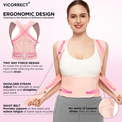 Vicorrect Posture Corrector for Women and Men: Back Support Brace Upper Back Shoulders Pain Relif (Pink, Medium)