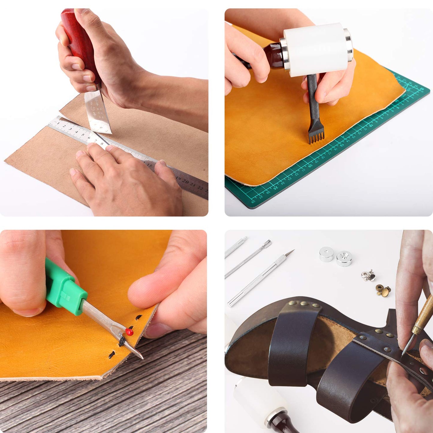 Dorhui Leather Craft Tools Kit, Leather Working Tools and Supplies Leather Craft Stamping Tool Waxed Thread Groover Awl Stitching Punch Hole for Leather Artworks