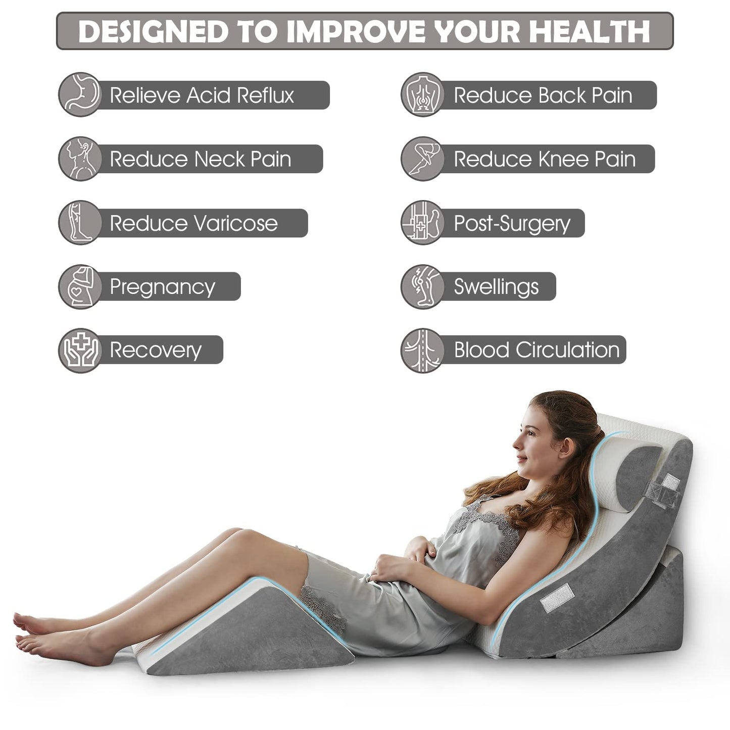 Ganaver 4pcs Orthopedic Bed Wedge Pillow Set Post Surgery Relaxing Back Adjustable Head Support Cushion Triangle Memory Foam Pillow for Acid Reflux Sleeping Reading Leg Elevation Snoring