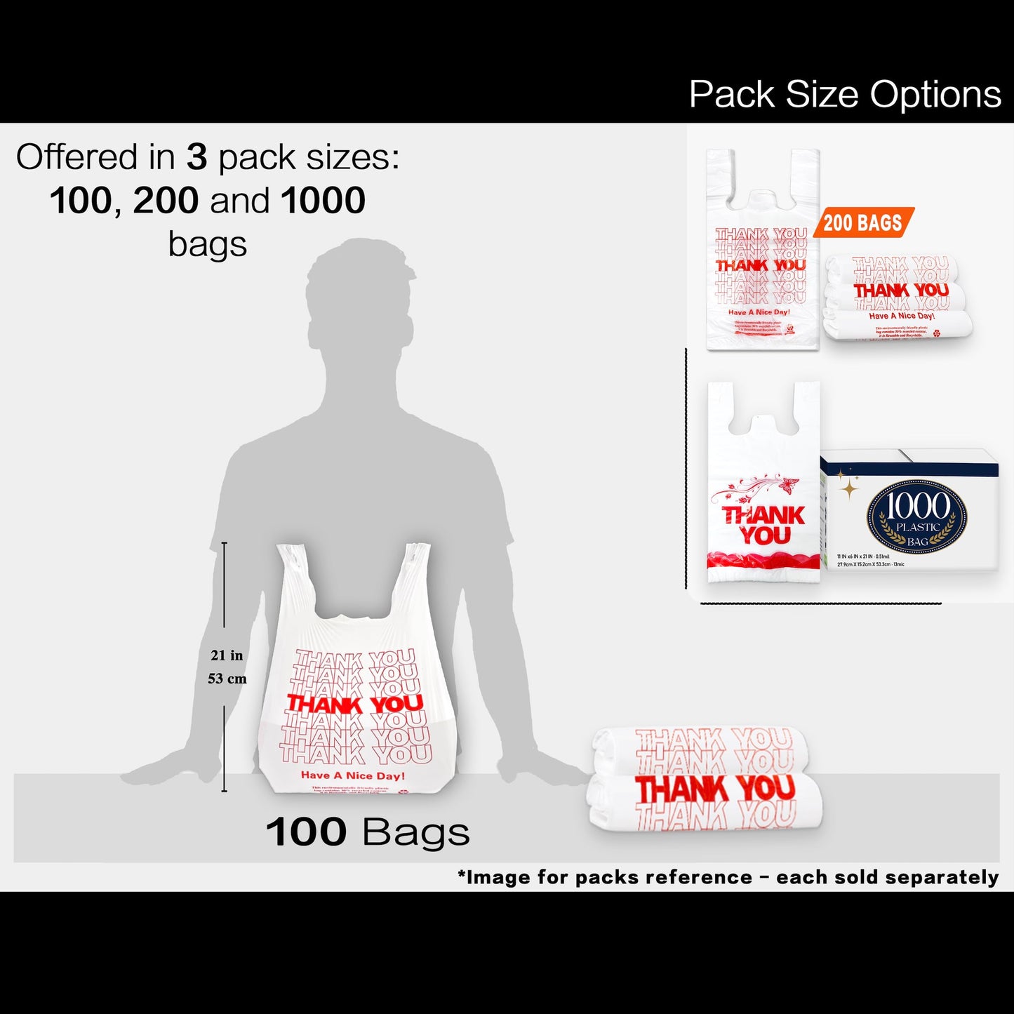 YoYoRain White Thank you T shirt bag, Grocery shopping bag Reusable and Disposable Supermarket Bag 11''x6''x21'' 100PCS