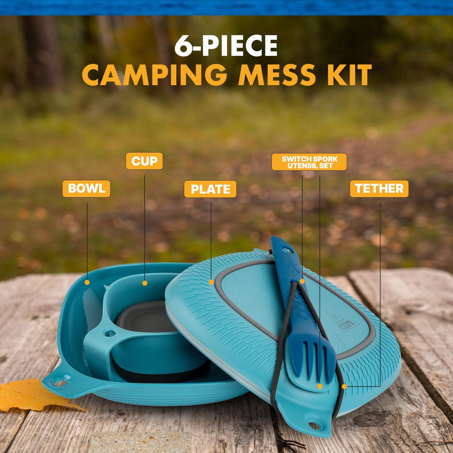 UCO 6-Piece Camping, Backpacking, Outdoor Kitchen Gear Mess Kit with Bowl, Plate, Camp Cup, and Switch Spork Utensil Set