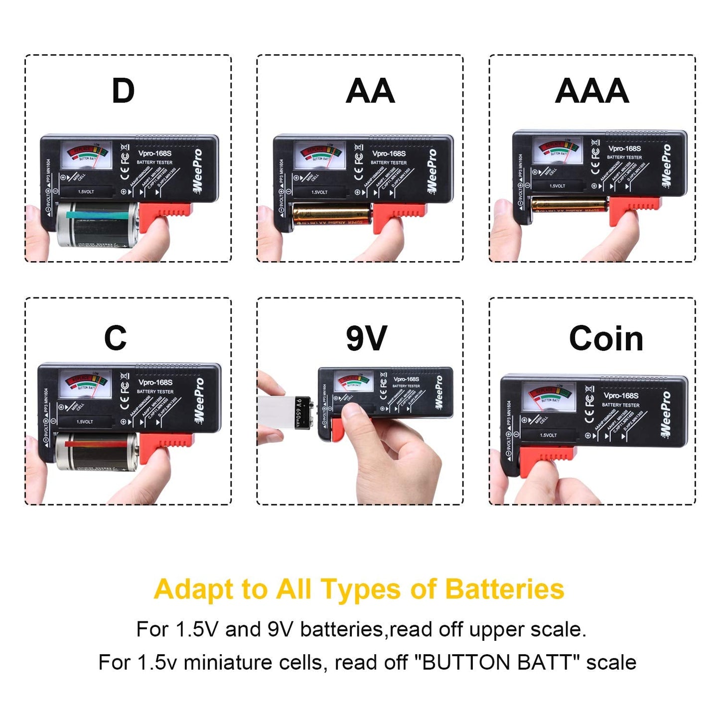 WeePro Universal Battery Checker - Small Battery Tester for AAA, AA, C, D, 9V, 1.5V, Button Cell - Household Batteries