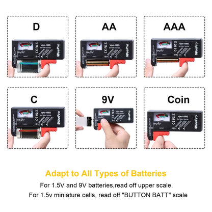 WeePro Universal Battery Checker - Small Battery Tester for AAA, AA, C, D, 9V, 1.5V, Button Cell - Household Batteries