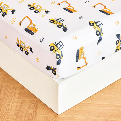URBONUR 4-Piece Toddler Bedding Set for Boys Construction Car Printed Vehicles Toddler Comforter Set with Sheets Lightweight and Soft Perfect for Kids 2-6 Year Old Toddler Bed in a Bag