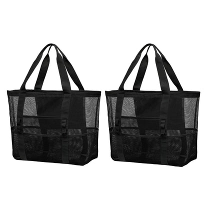 F-color Mesh Beach Bag Family - 2 Pack Beach Tote 9 Pockets Cruise Vacation Essentials, Black