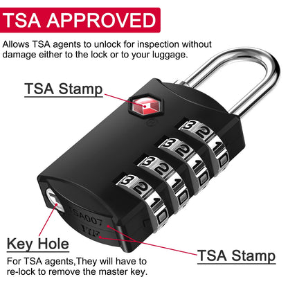 ZHEGE TSA Approved Luggage Lock for Train Travel, 4 Digit Combination Lock for School Gym Locker, Suitcase, Backpack, Cabinet, Drawer, Easy Read Dial with Alloy Body (1 Pack, Black)