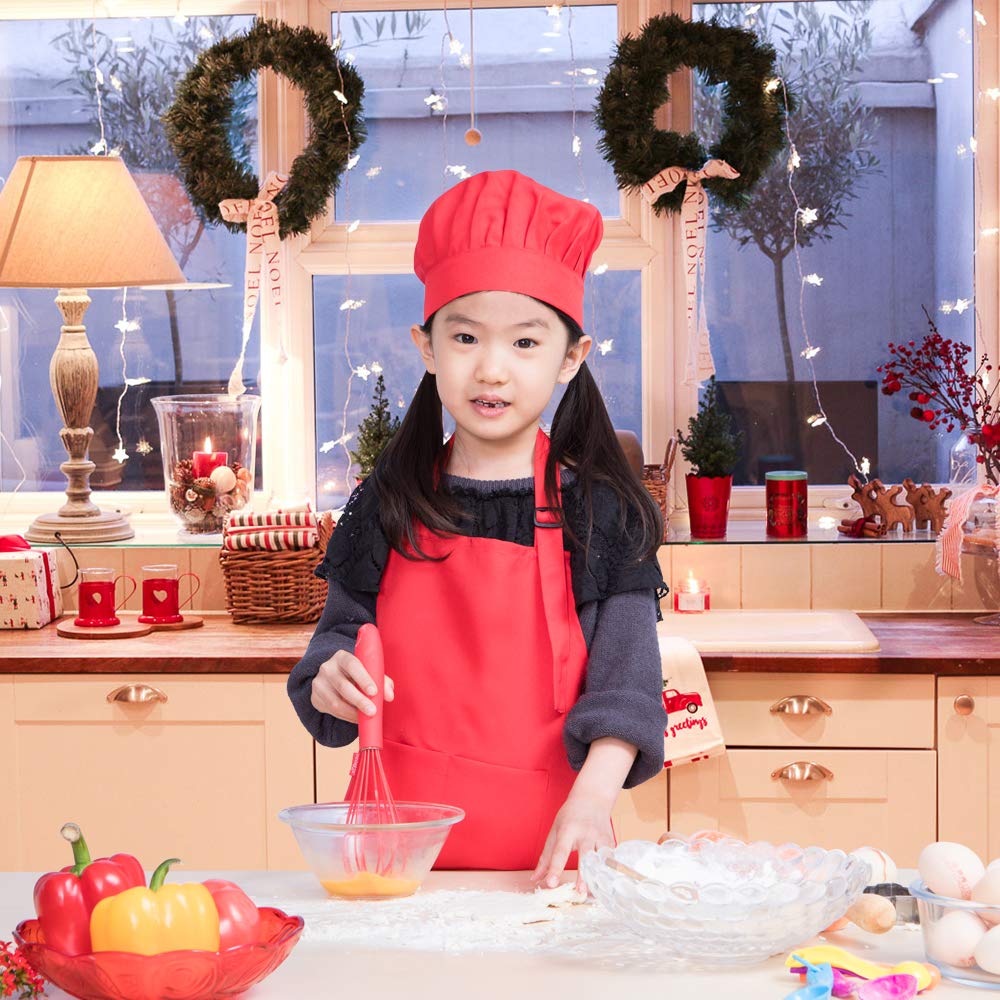 ALIPOBO Kids Apron and Chef Hat Set, Children's Adjustable Bib Apron with 2 Pockets. Cute Boys Girls Kitchen Apron for Cooking, Baking, Painting, Training Wear (2-5 Year, Red)