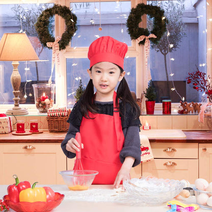 ALIPOBO Kids Apron and Chef Hat Set, Children's Adjustable Bib Apron with 2 Pockets. Cute Boys Girls Kitchen Apron for Cooking, Baking, Painting, Training Wear (2-5 Year, Red)