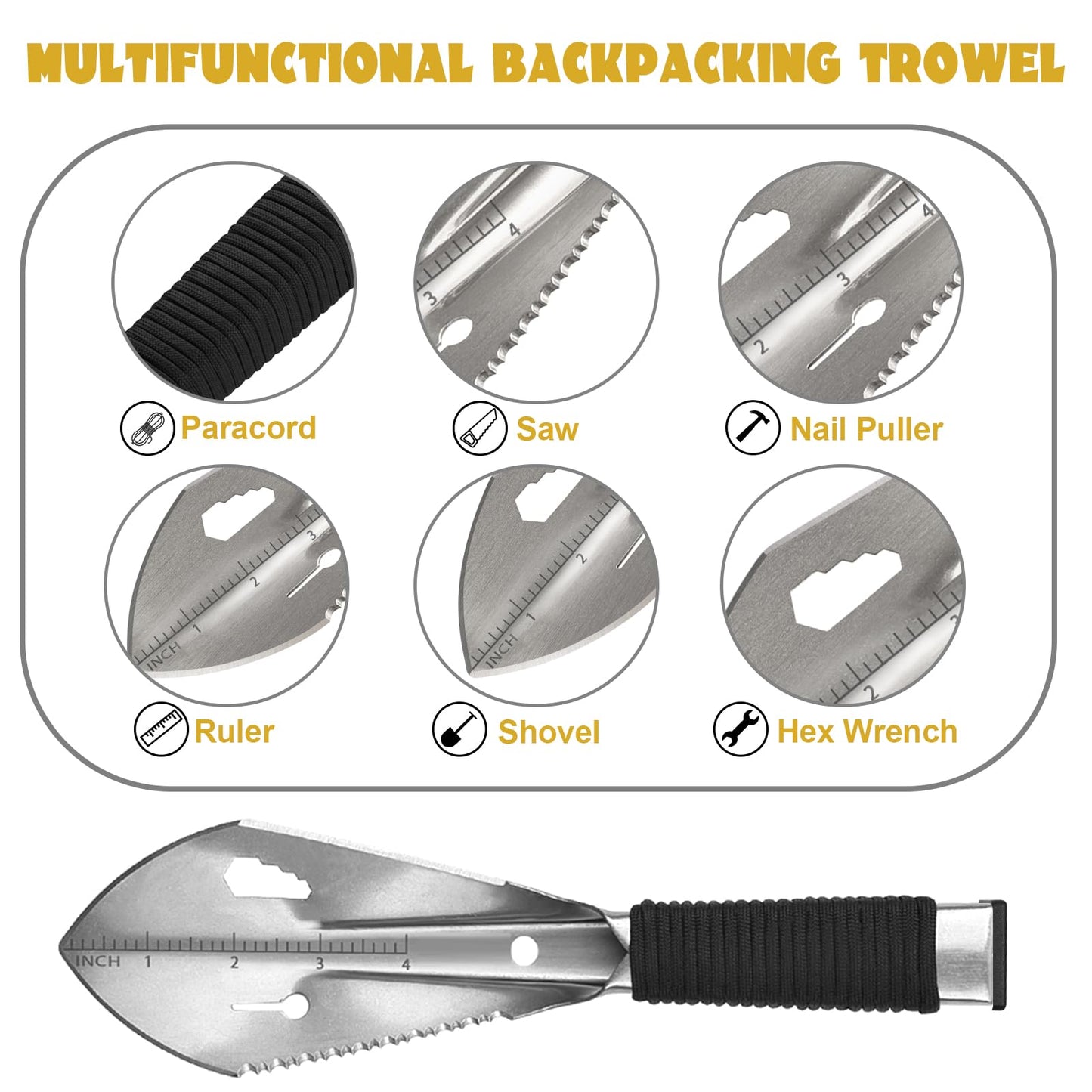 Yeacool Backpacking Shovel, Camping Hand Trowel, Lightweight Hiking Shovel, Small Potty Multitool with Carrying Pouch for Digging, Metal Detecting, Gardening, Survival and Outdoor