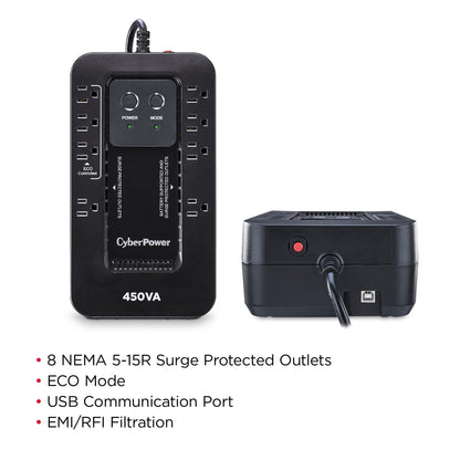 CyberPower EC450G Ecologic Battery Backup & Surge Protector UPS System, 450VA/260W, 8 Outlets, ECO Mode, Compact Uninterruptible Power Supply