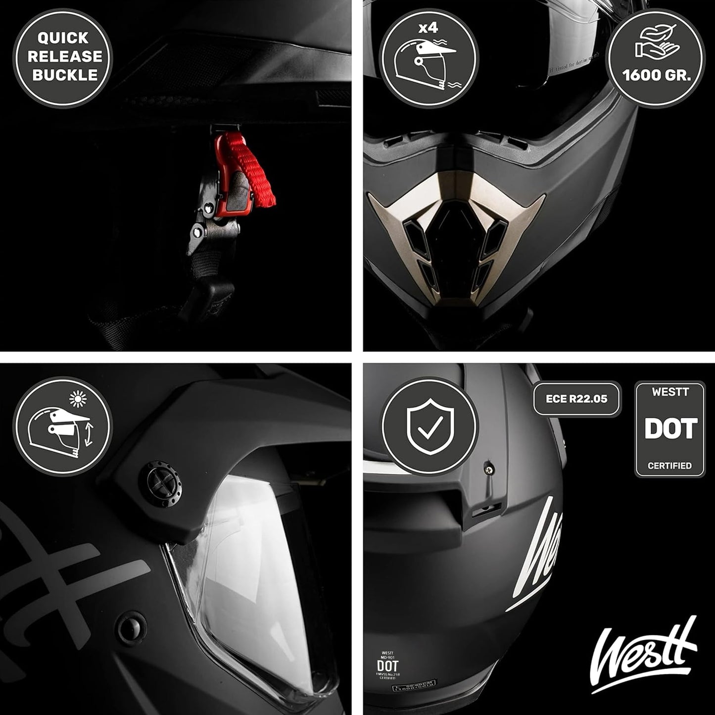 Westt Dual Sport Motorcycle Helmet Off-Road Helmets for Adults, Dual Visor Motorcycle Helmet - Full Face ATV UTV Helmet Dirt Bike Motocross Helmets DOT Approved