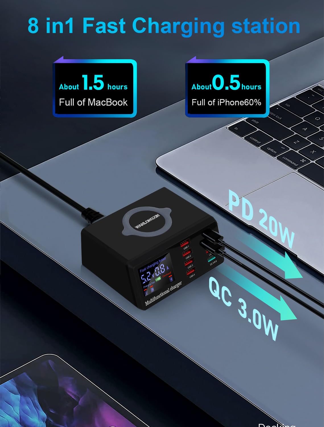 WANLONGXIN 100W 8-Port USB Qi Wireless Charging Station, QC3.0/PD Fast Charge for Phones Tablets USB Tools, Multi-Device Smart IC Desktop Organizer Hub
