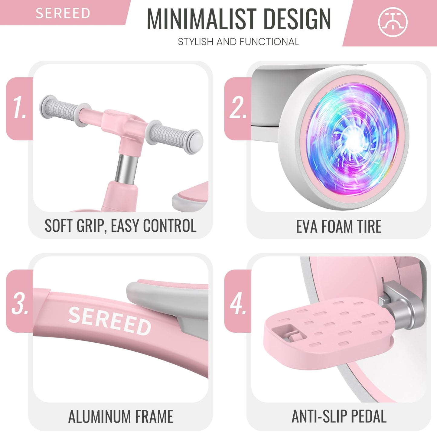 SEREED Colorful Lighting Toddler Tricycle for 2-5 Years Old Girls, Adjustable Seat&Handlebar Trike, Removable Basket, Birthday Gift Idea for Kids Ages 2+ (Pink)