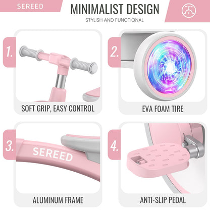 SEREED Colorful Lighting Toddler Tricycle for 2-5 Years Old Girls, Adjustable Seat&Handlebar Trike, Removable Basket, Birthday Gift Idea for Kids Ages 2+ (Pink)