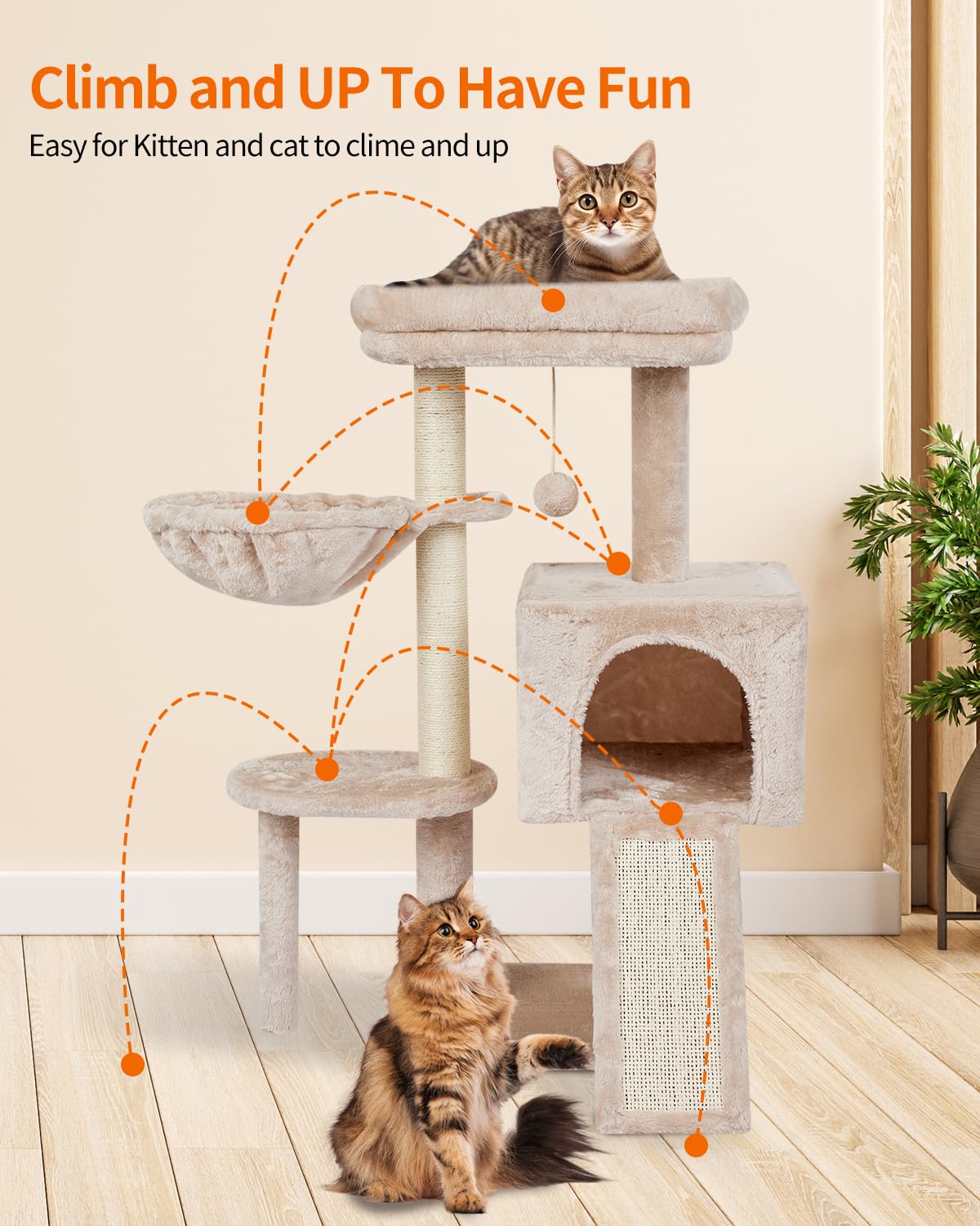 FISH&NAP Cute Cat Tree Kitten Cat Tower for Indoor Cat Condo Sisal Scratching Posts with Jump Platform Cat Furniture Activity Center Play House Beige
