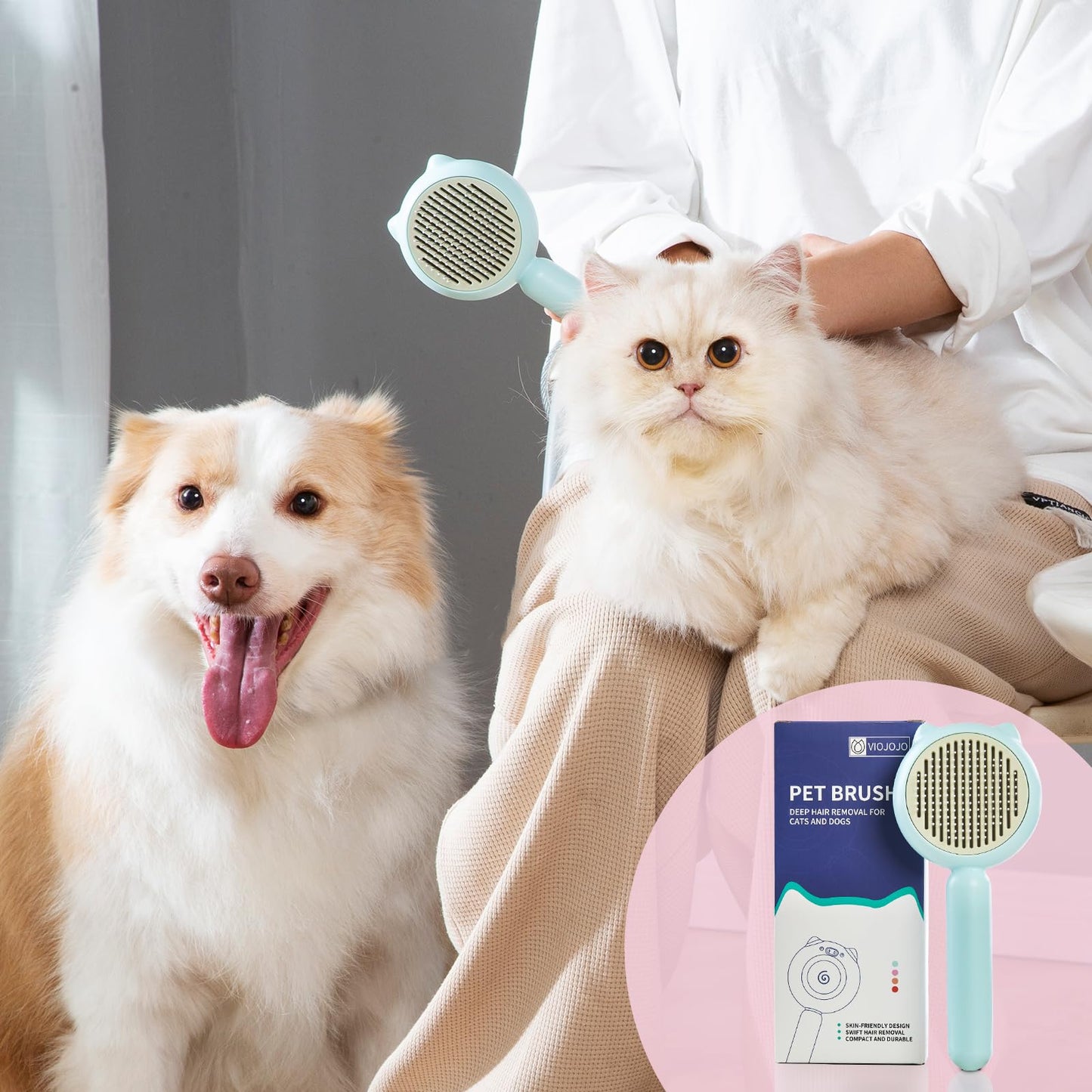 VIOJOJO Cat Brush Dog brushes with Release Button for Shedding Grooming, suit for Long or Medium Haired Cats, Lightweight Skin Friendly Pet Brush Hair Removal Comb Brushes for Kitten