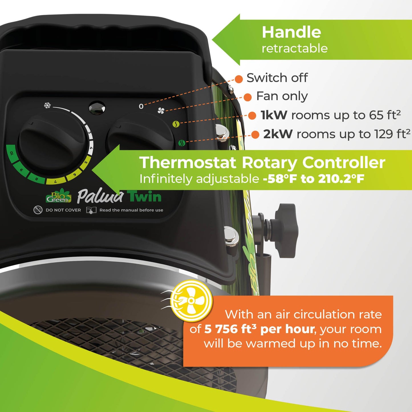 Bio Green PAL 2.0/USDT Palma Greenhouse Heater incl. Digital Thermosta, 11 x 8 x 12.5" / 280 x 195 x 315 mm