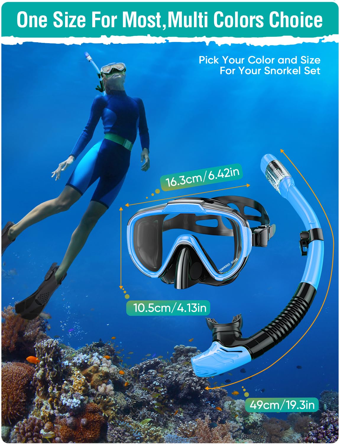 Seovediary Snorkel Set Adults Snorkeling Gear Anti-Fog Panoramic View Swim Mask Dry Top Snorkel Kit with Carry Bag for Snorkeling Scuba Diving Swimming Travel