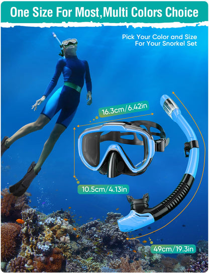 Seovediary Snorkel Set Adults Snorkeling Gear Anti-Fog Panoramic View Swim Mask Dry Top Snorkel Kit with Carry Bag for Snorkeling Scuba Diving Swimming Travel