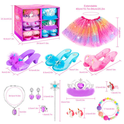 Princess Dress Up Shoes Set, Girls Dress Up Toys Toddler Jewelry Boutique Kit, 3 Themes of Unicorn Mermaid Ice Princess Costumes Set, Pretend Play Gifts for Little Girls Aged 3-6 Years Old