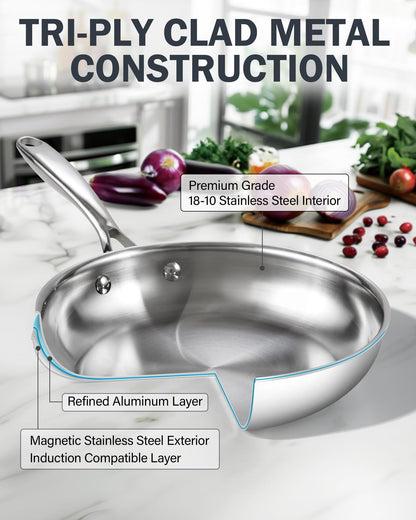 Cooks Standard Stainless Steel Frying Pan with Lid, 8-Inch Multi-Ply Clad Wok Stir Fry Pan, Kitchen Skillet, Silver