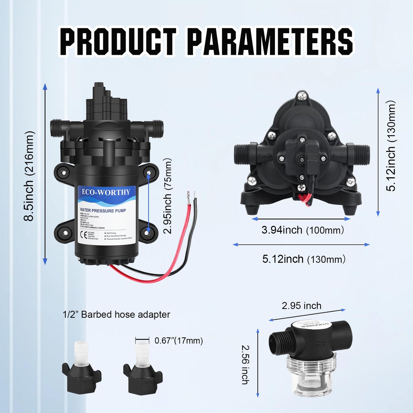 ECO-WORTHY RV Fresh Water Pump 12V DC 3.5GPM 45PSI with Pressure Switch, 12Volt Self Priming Water Pressure Diaphragm Pump On demand for RV Yacht Camper Sprayer Food Truck Black