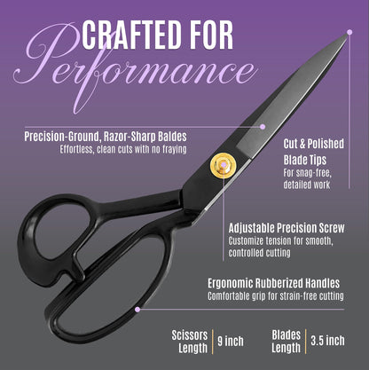Professional 9 Inch Sewing Scissors for Fabric Cutting - Ultra Sharp, Heavy Duty Fabric Shears for Smooth, Precise Cuts on All Fabrics and Leather, for Tailors, Dressmakers, Crafters, and Artists